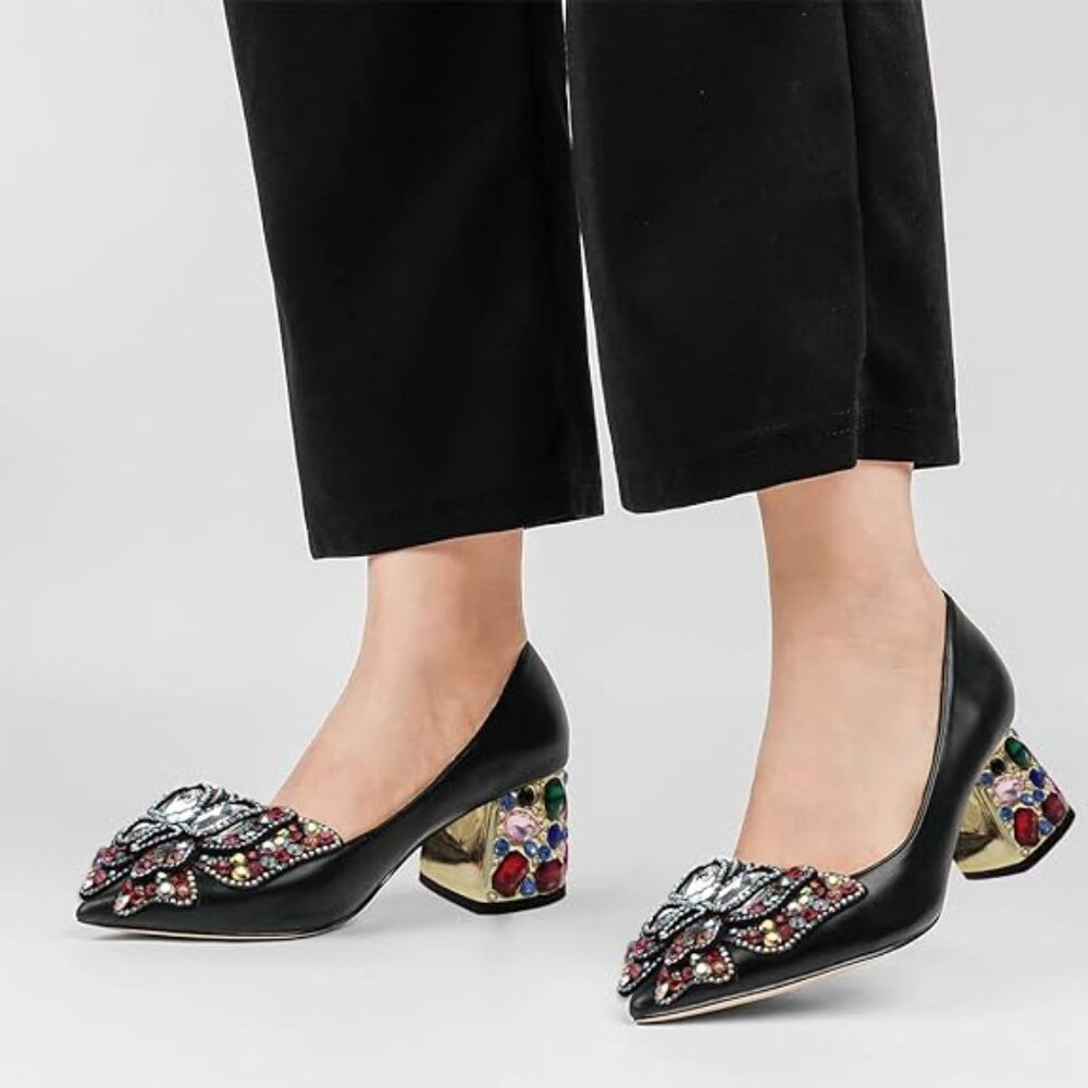 YDN Women Pointed Toe Bow Pump Colorful Rhinestone Block Low Heel Butterfly Slip